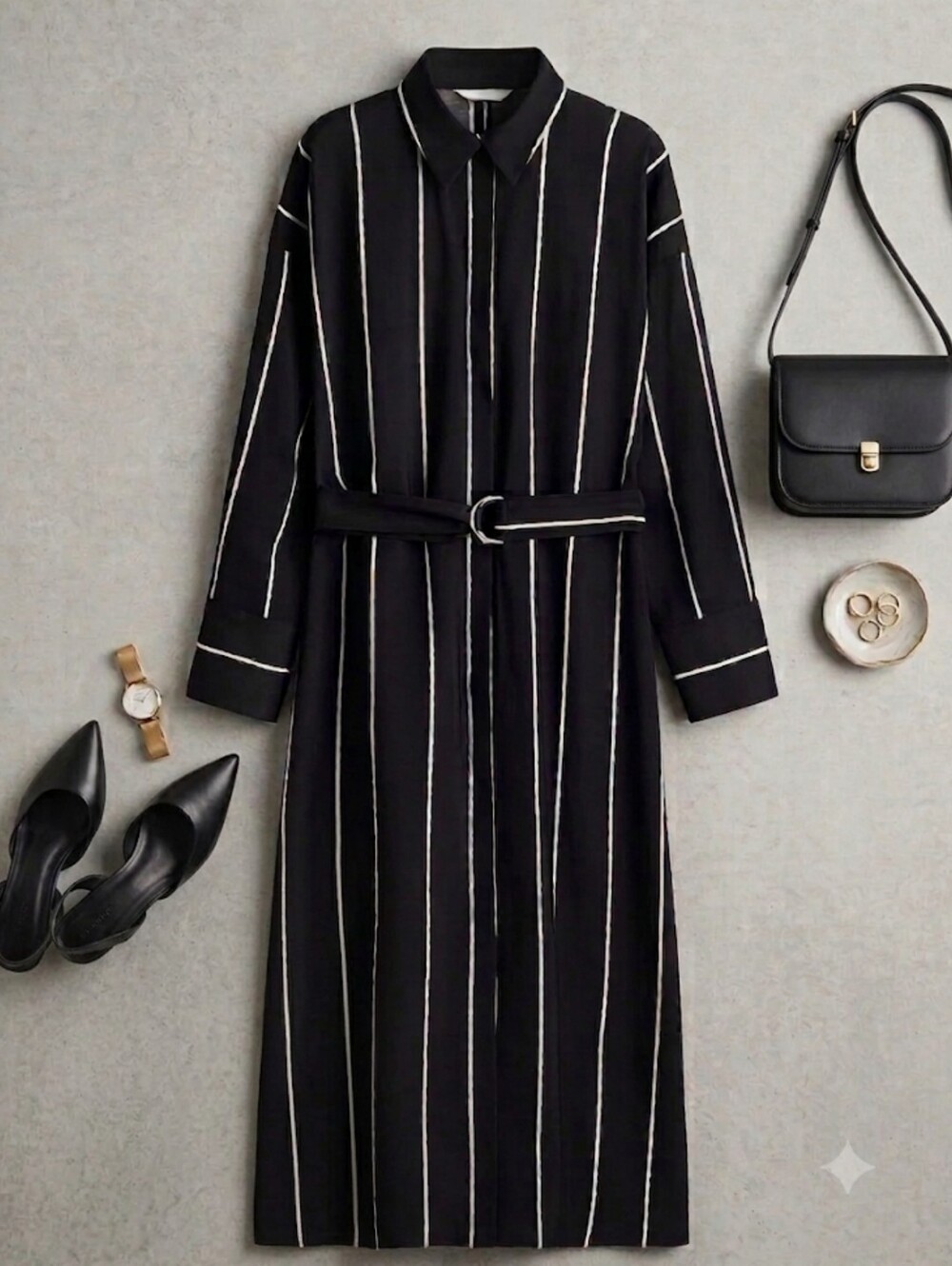 NWT H&M Minimalist Classic Black Vertical-Stripe Shirt Dress with Belt, Size S